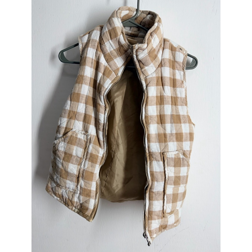 Peach Love California Tan White Gingham Quilted Puffer Vest Small J24004-08